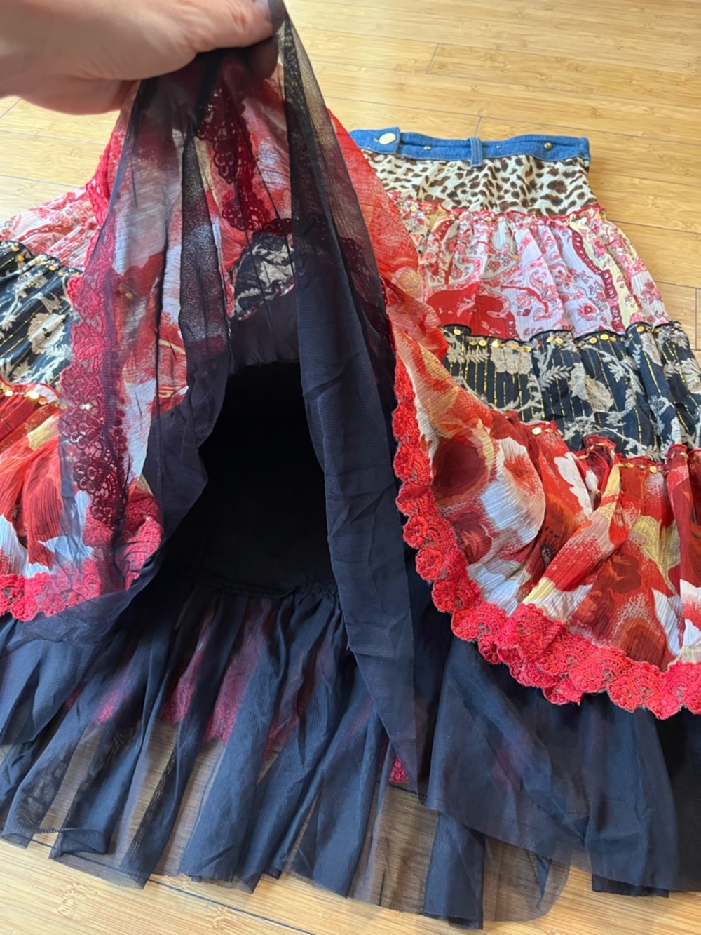 XOXO Y2K Tiered Mixed Media Floral Patchwork Low Rise Artsy Skirt with Sequins - Picture 7 of 12